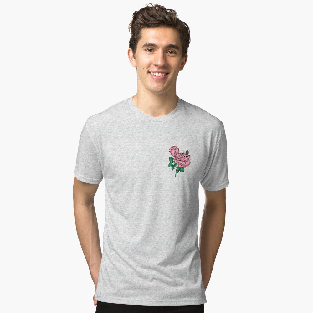 high-centered very full light pink rose print on tri-blend T-shirt