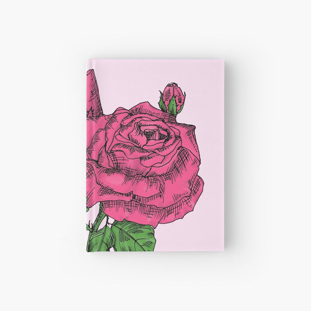 high-centered very full mid pink rose print on hardcover journal