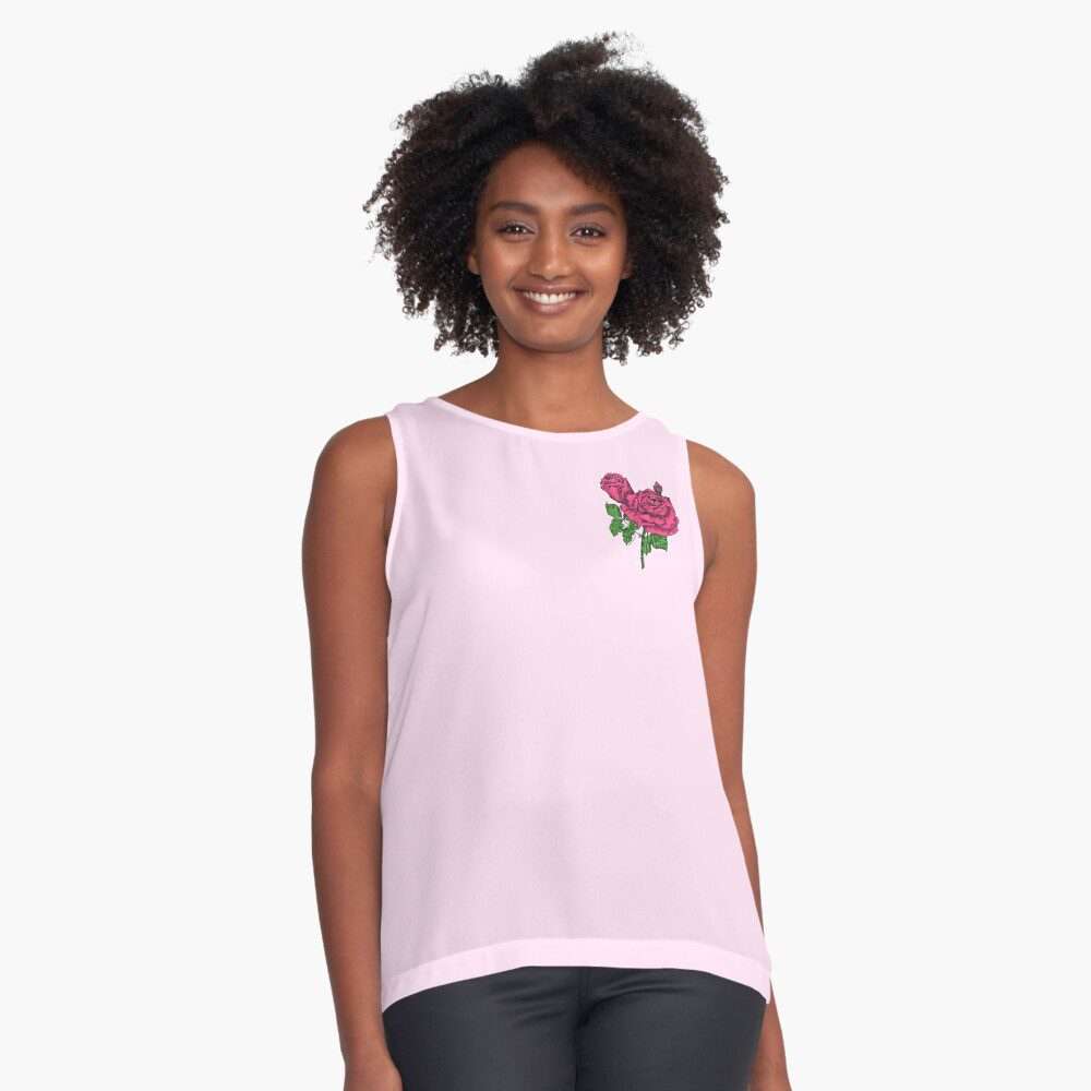 high-centered very full mid pink rose print on sleeveless top