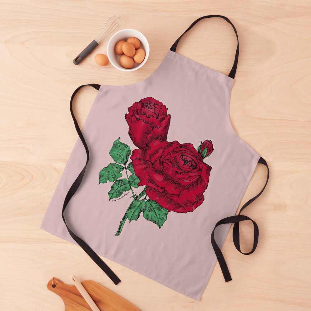 high-centered very full dark red rose print on apron