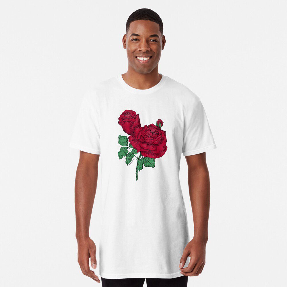 high-centered very full dark red rose print on long T-shirt