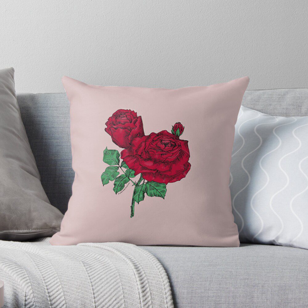 high-centered very full dark red rose print on throw pillow