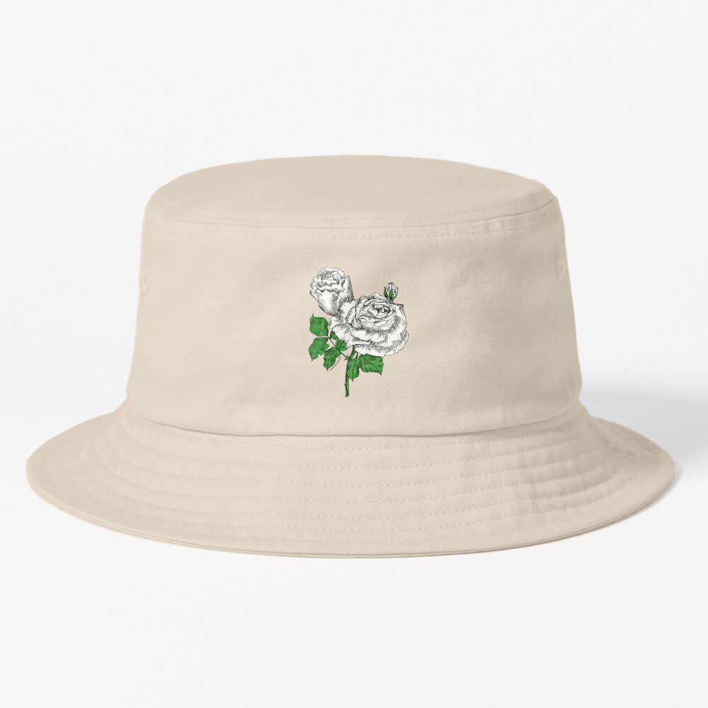 high-centered very full white rose print on bucket hat