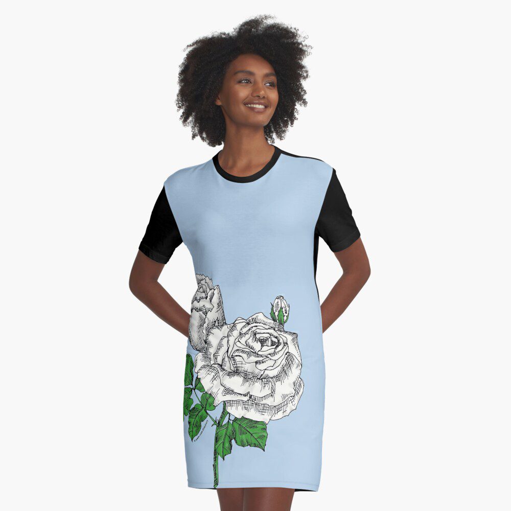 high-centered very full white rose print on graphic T-shirt dress