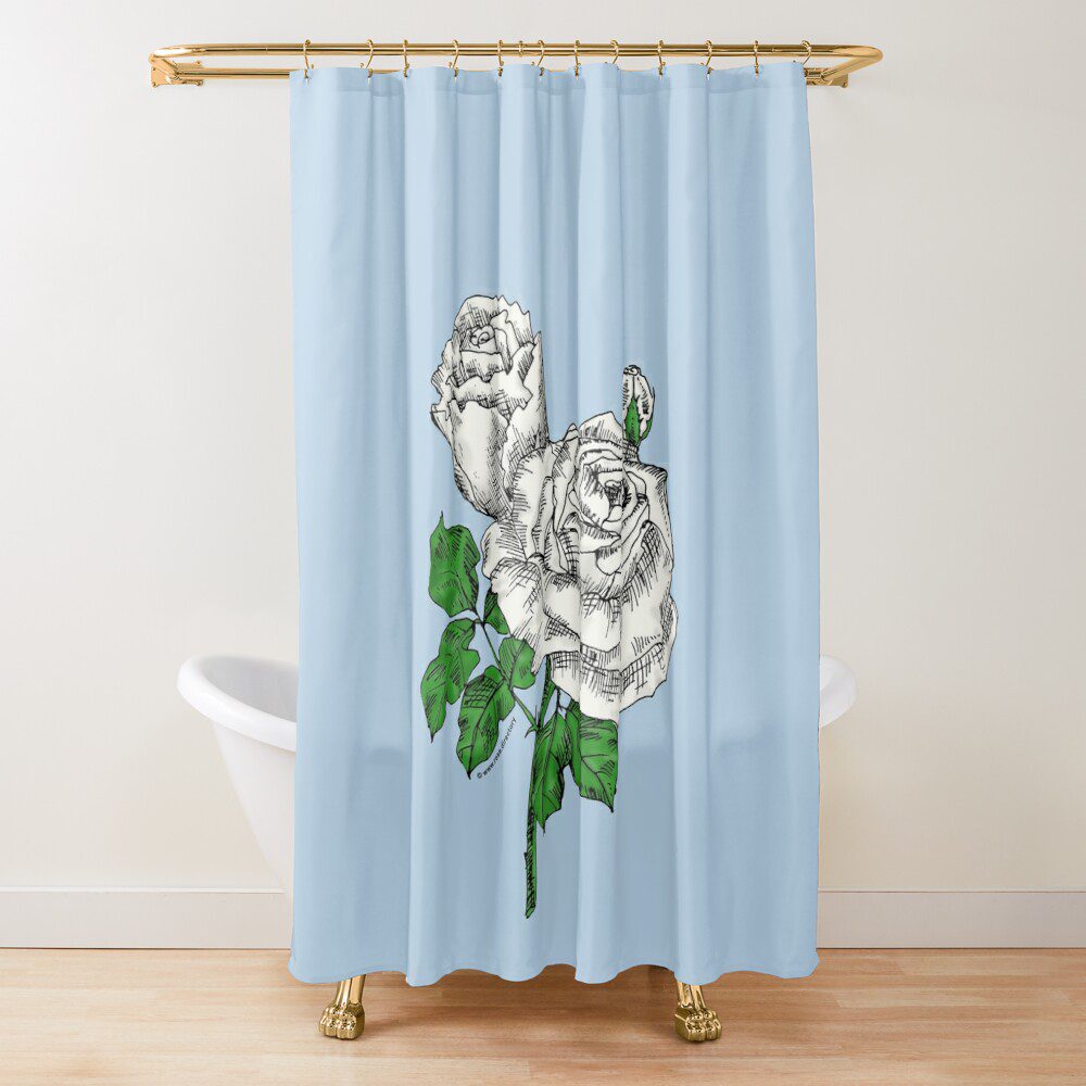 high-centered very full white rose print on shower curtain