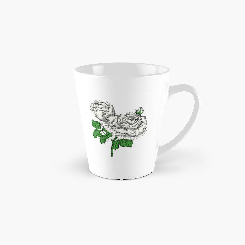 high-centered very full white rose print on tall mug