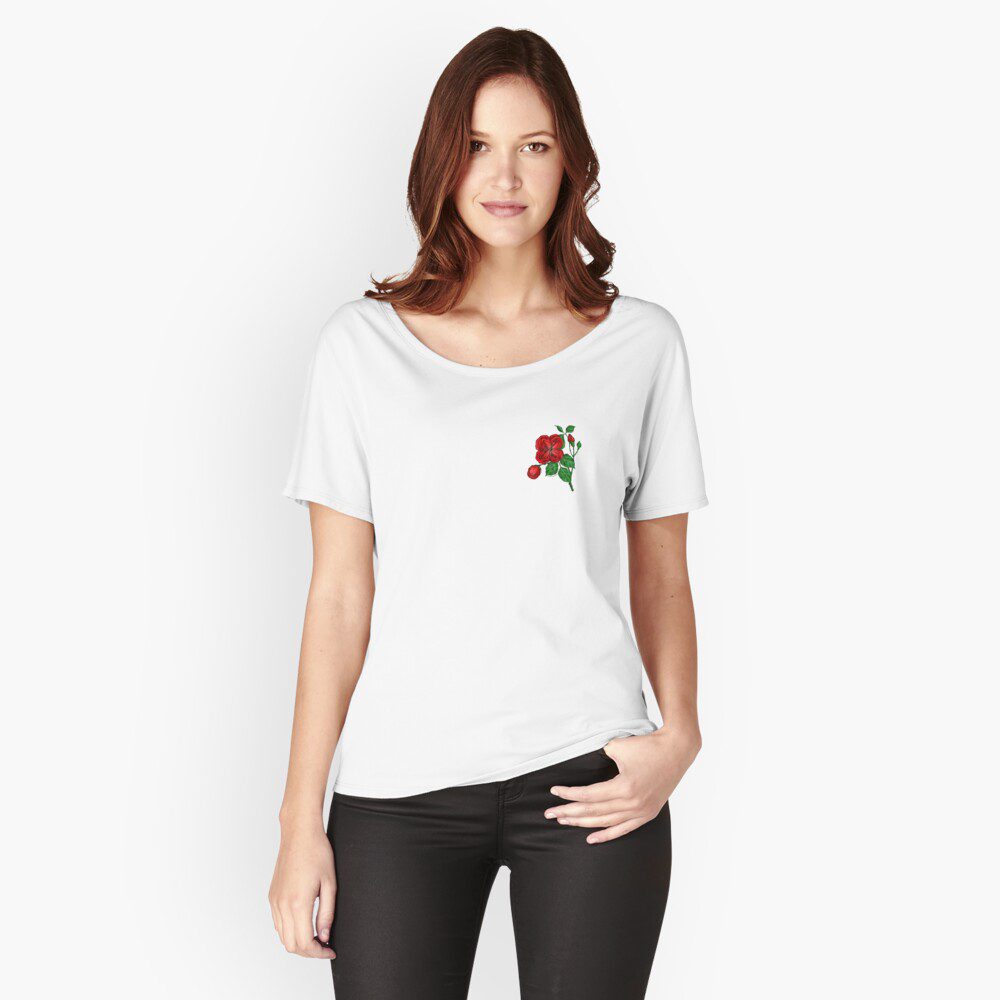 quartered double bright red rose print on relaxed fit T-shirt