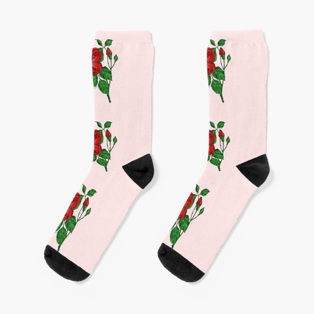 quartered double bright red rose print on socks