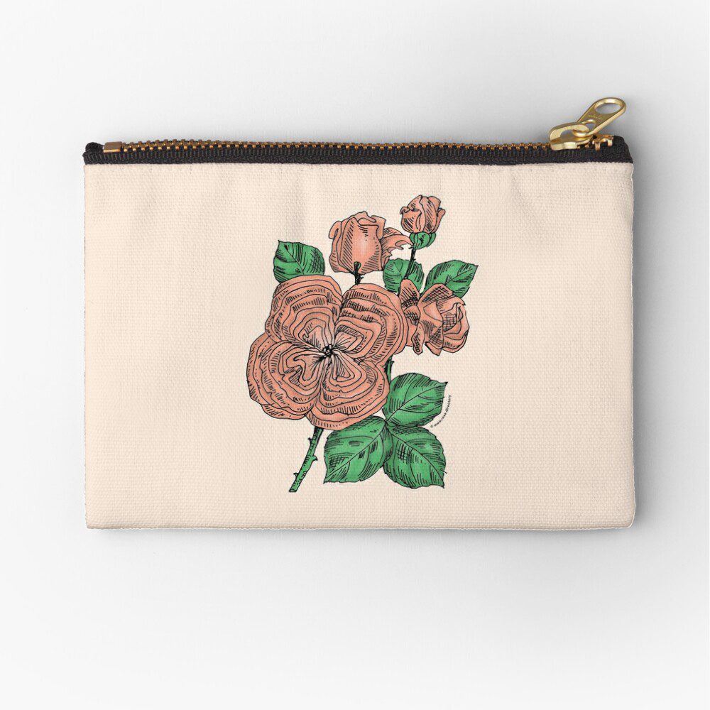 quartered full apricot rose print on zipper pouch