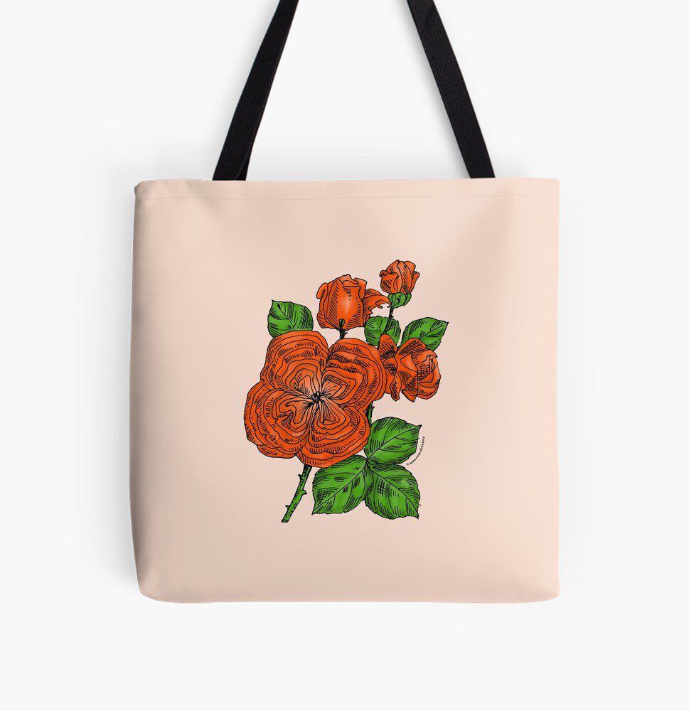 quartered full orange rose print on all over print tote bag