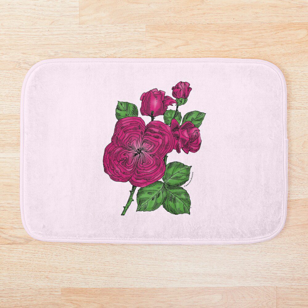 quartered full deep pink rose print on bath mat