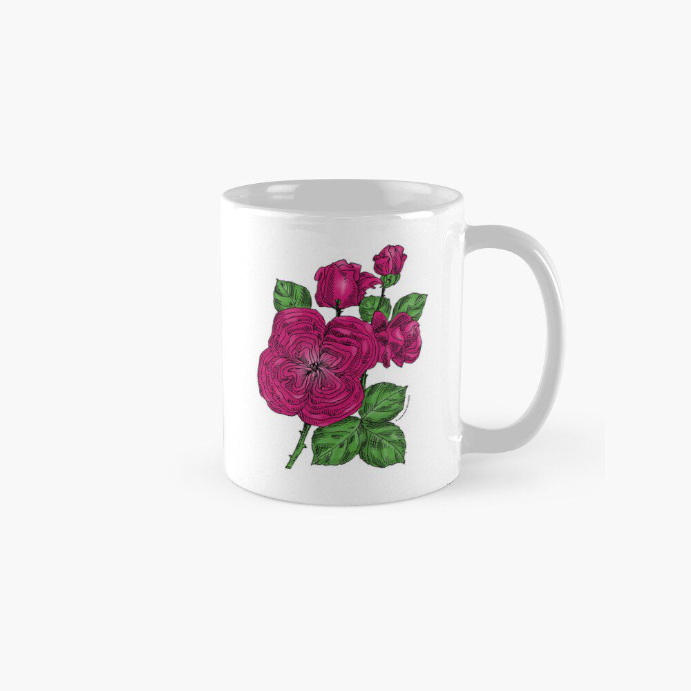 quartered full deep pink rose print on classic mug