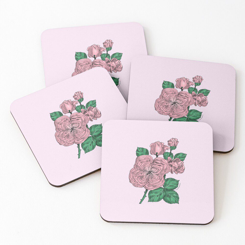 quartered full light pink rose print on coasters