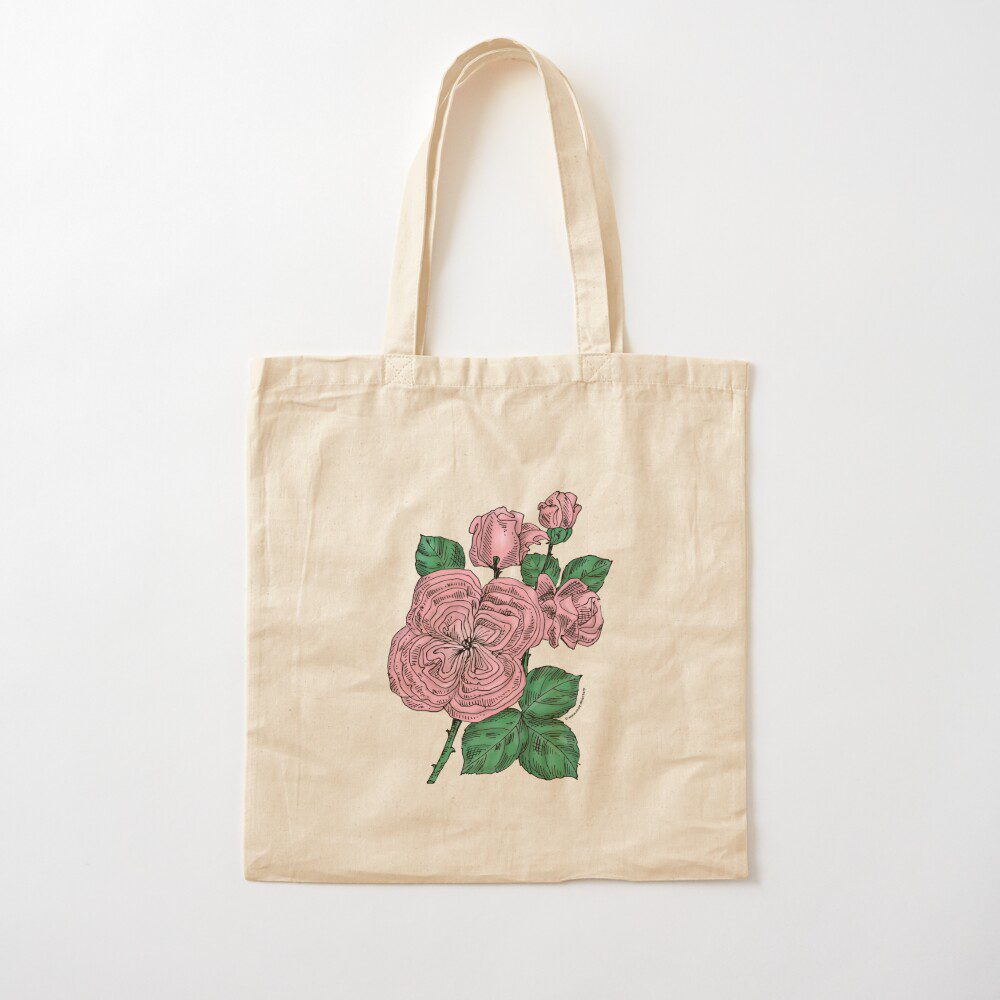 quartered full light pink rose print on cotton tote bag