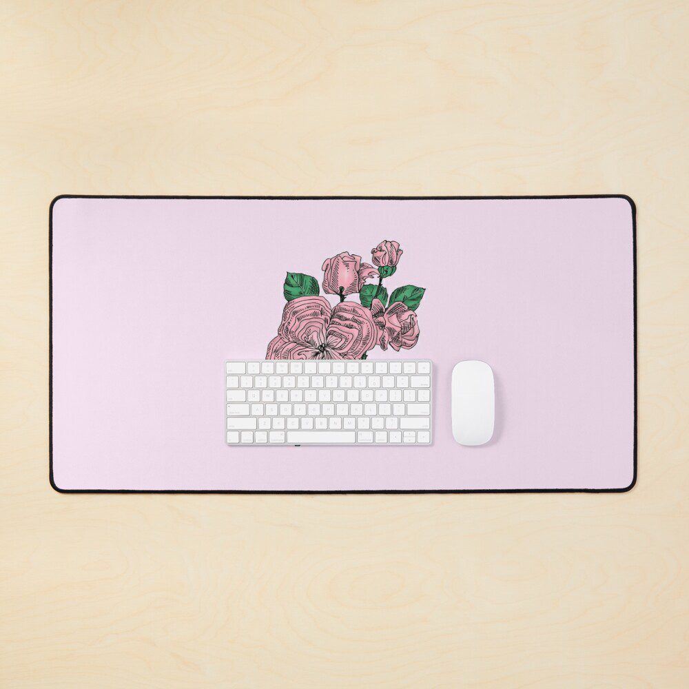 quartered full light pink rose print on desk mat