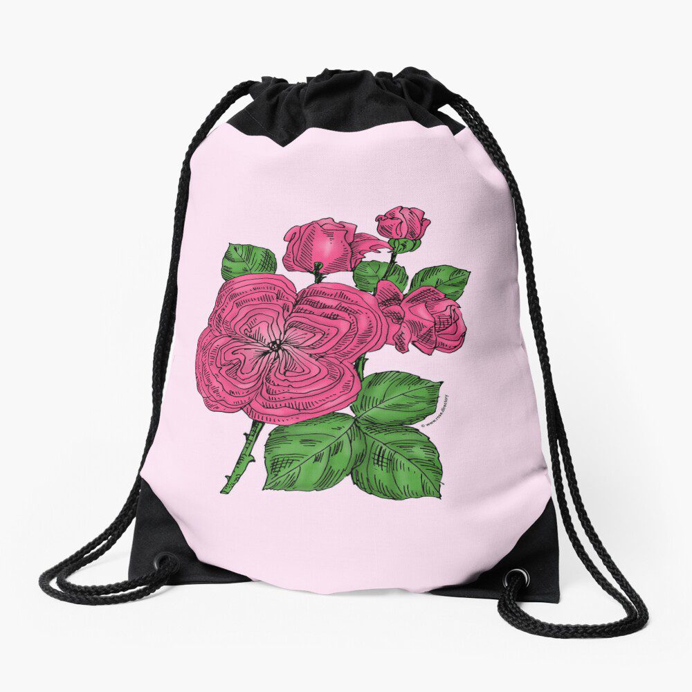 quartered full mid pink rose print on drawstring bag