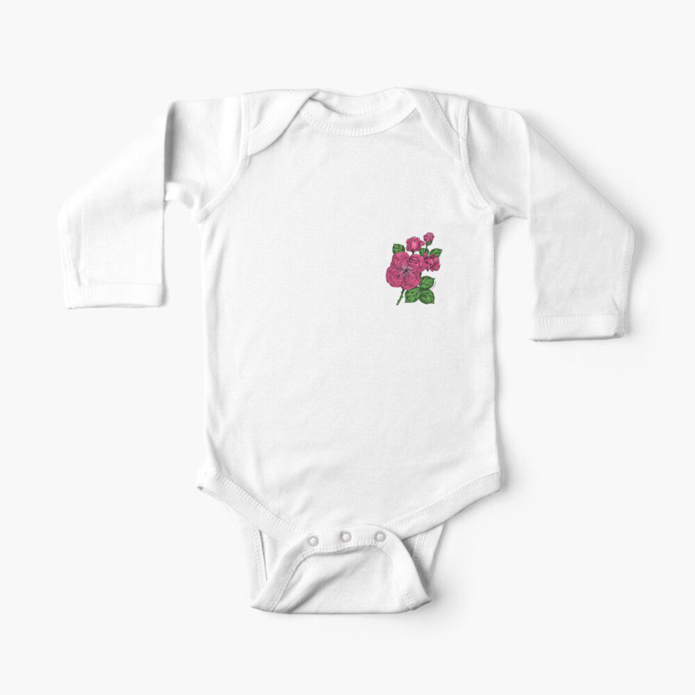 quartered full mid pink rose print on long sleeve baby one-piece