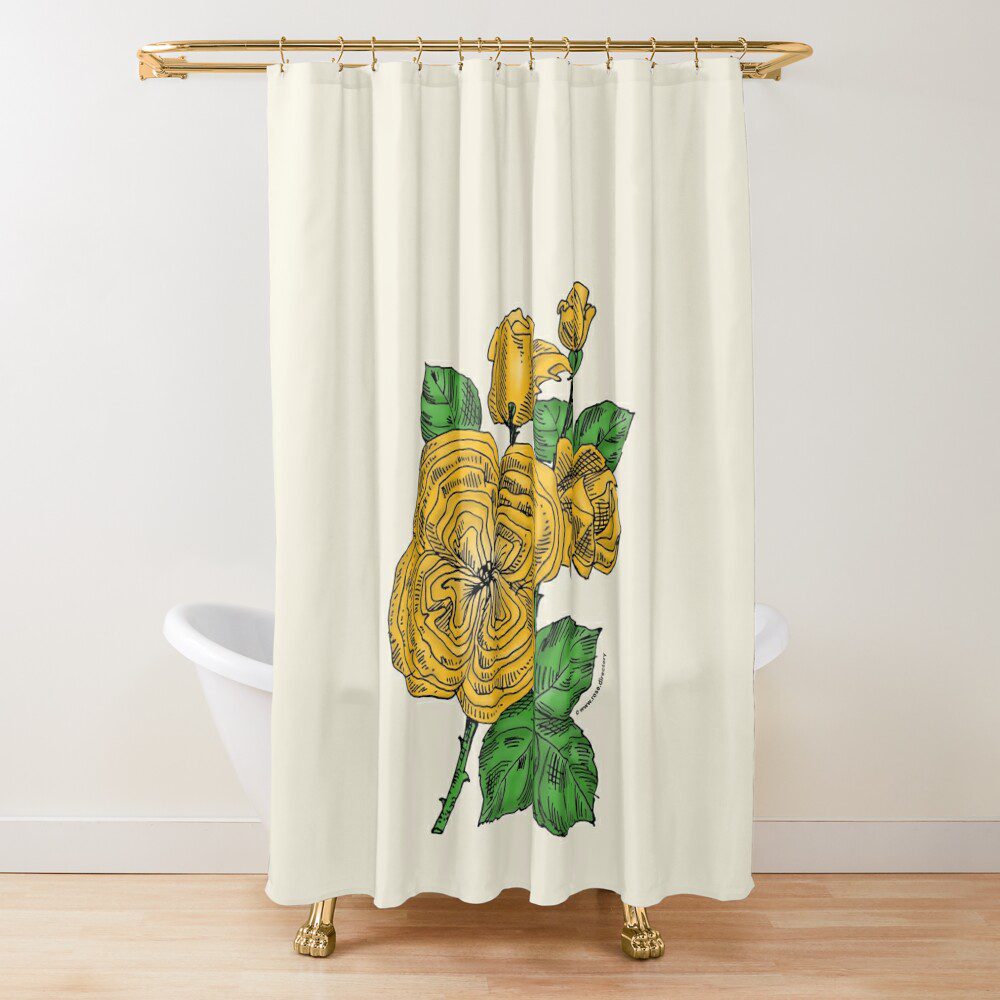 quartered full yellow rose print on shower curtain