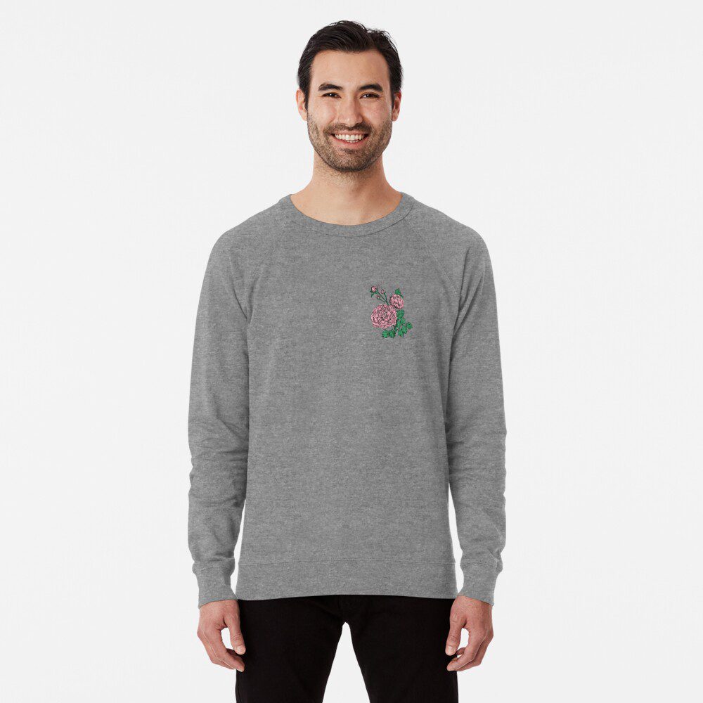 quartered very full light pink rose print on lightweight sweatshirt