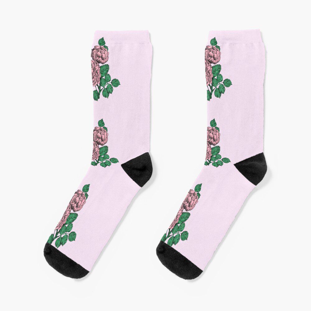 quartered very full light pink rose print on socks