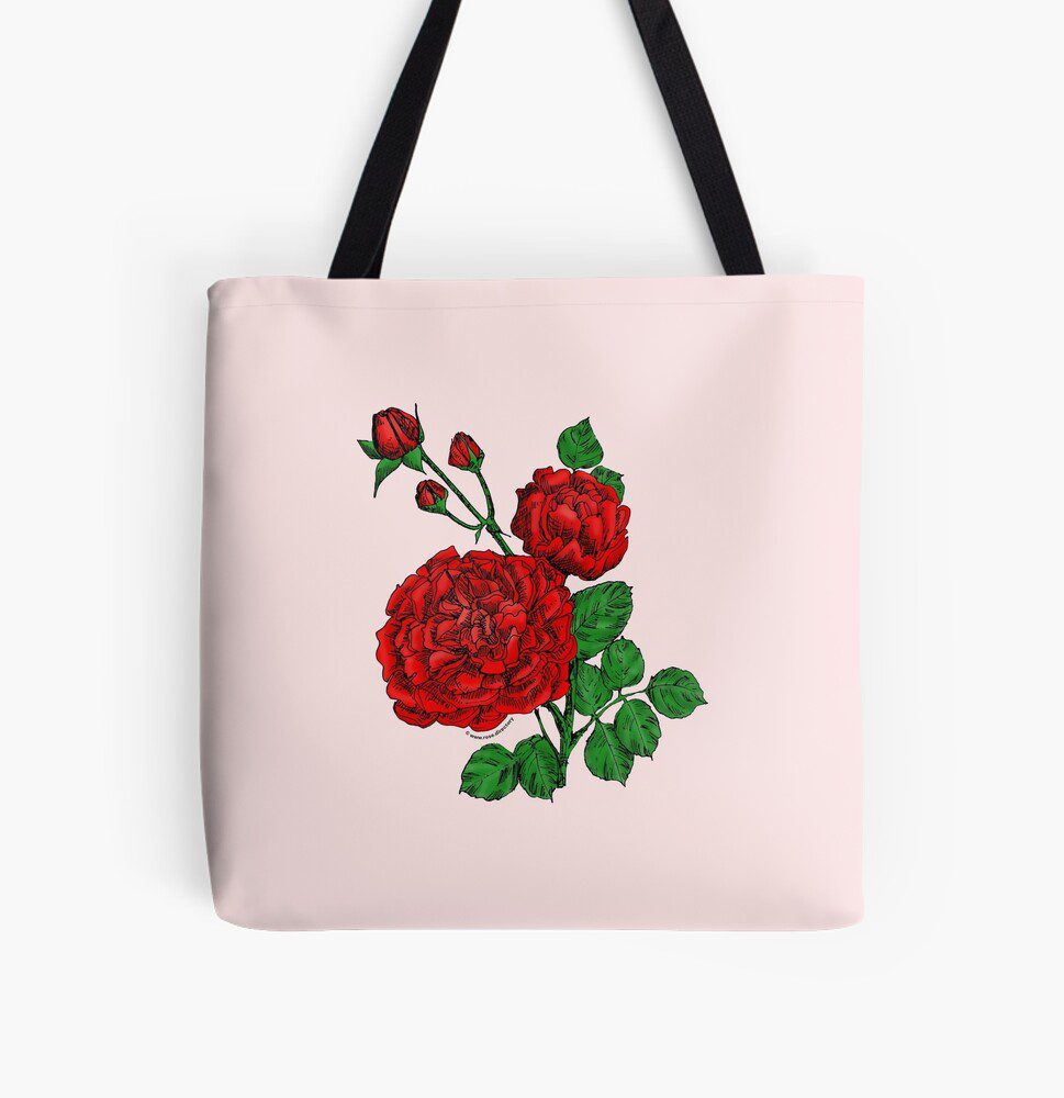 quartered very full bright red rose print on all over print tote bag