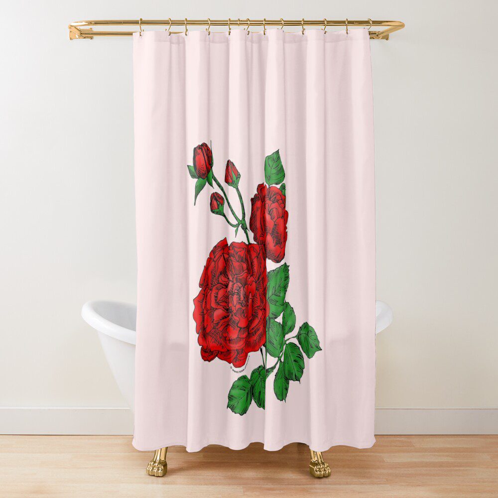 quartered very full bright red rose print on shower curtain