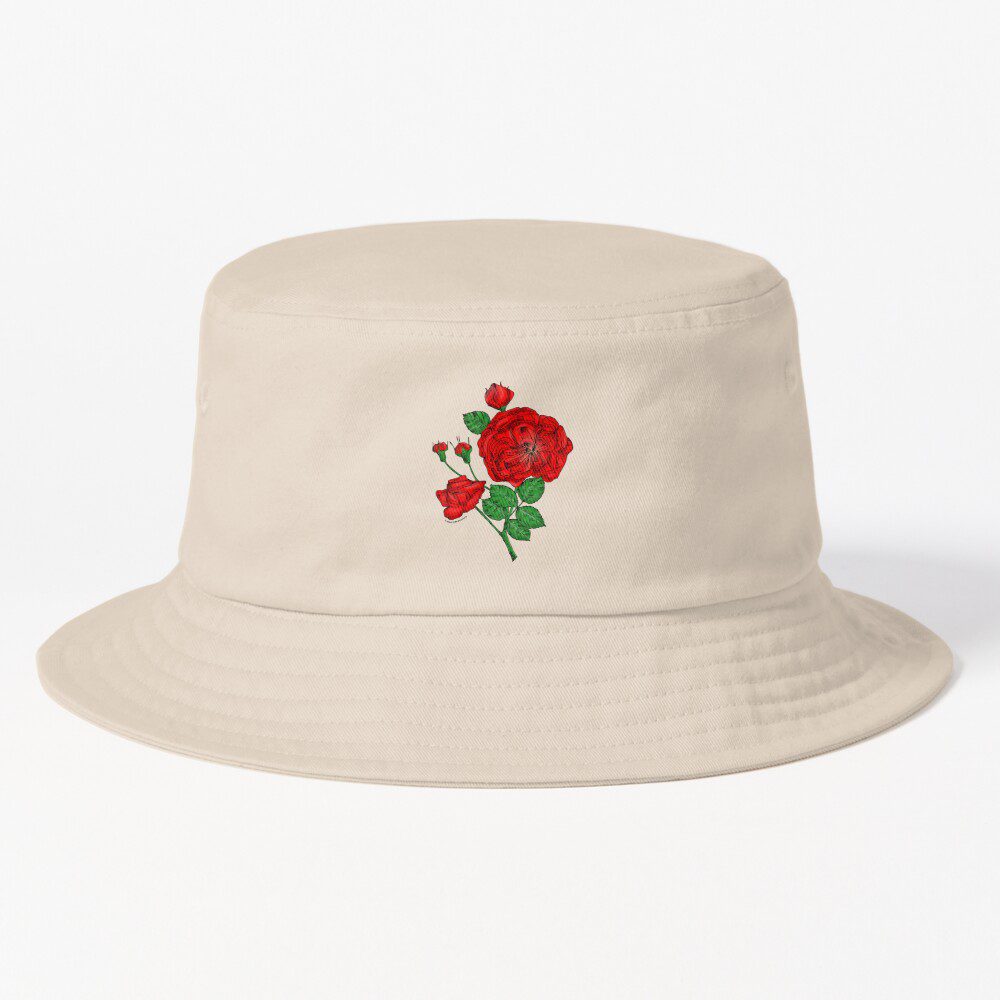 rosette semi-double bright red rose print on bucket hat