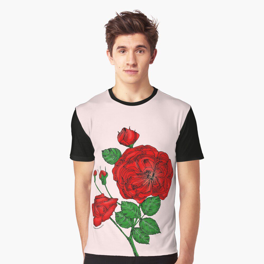 rosette semi-double bright red rose print on graphic T-shirt