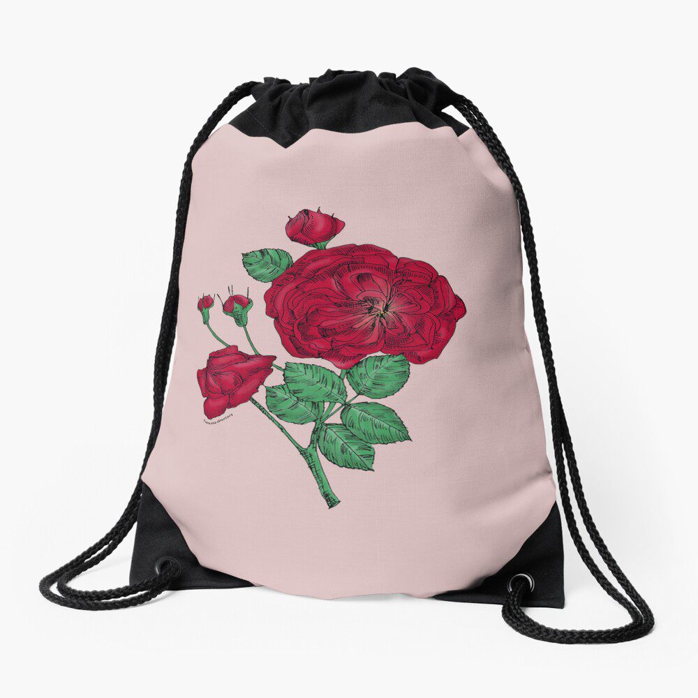 rosette semi-double dark red rose print on drawstring bag