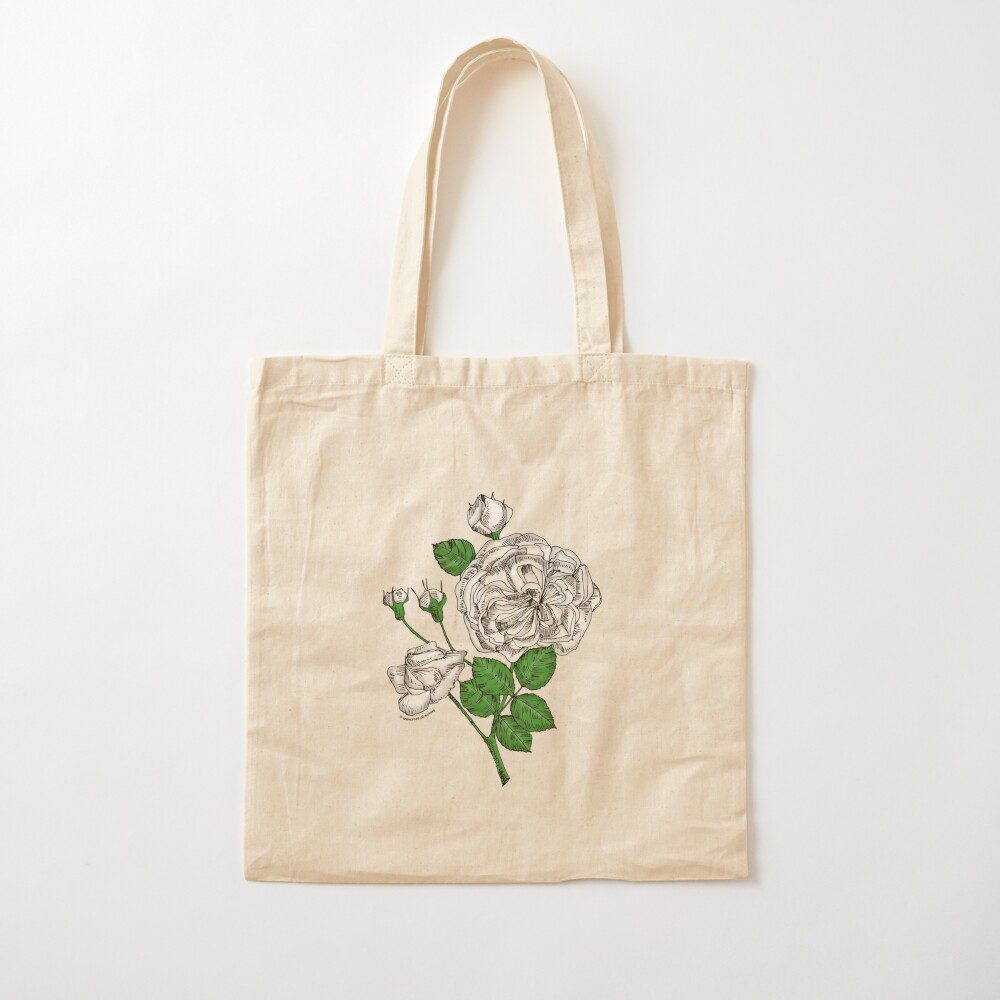 rosette semi-double white rose print on cotton tote bag