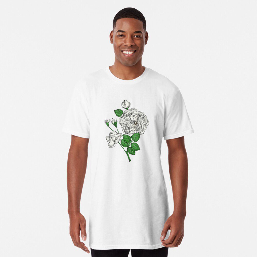 rosette semi-double white rose print on long T-shirt