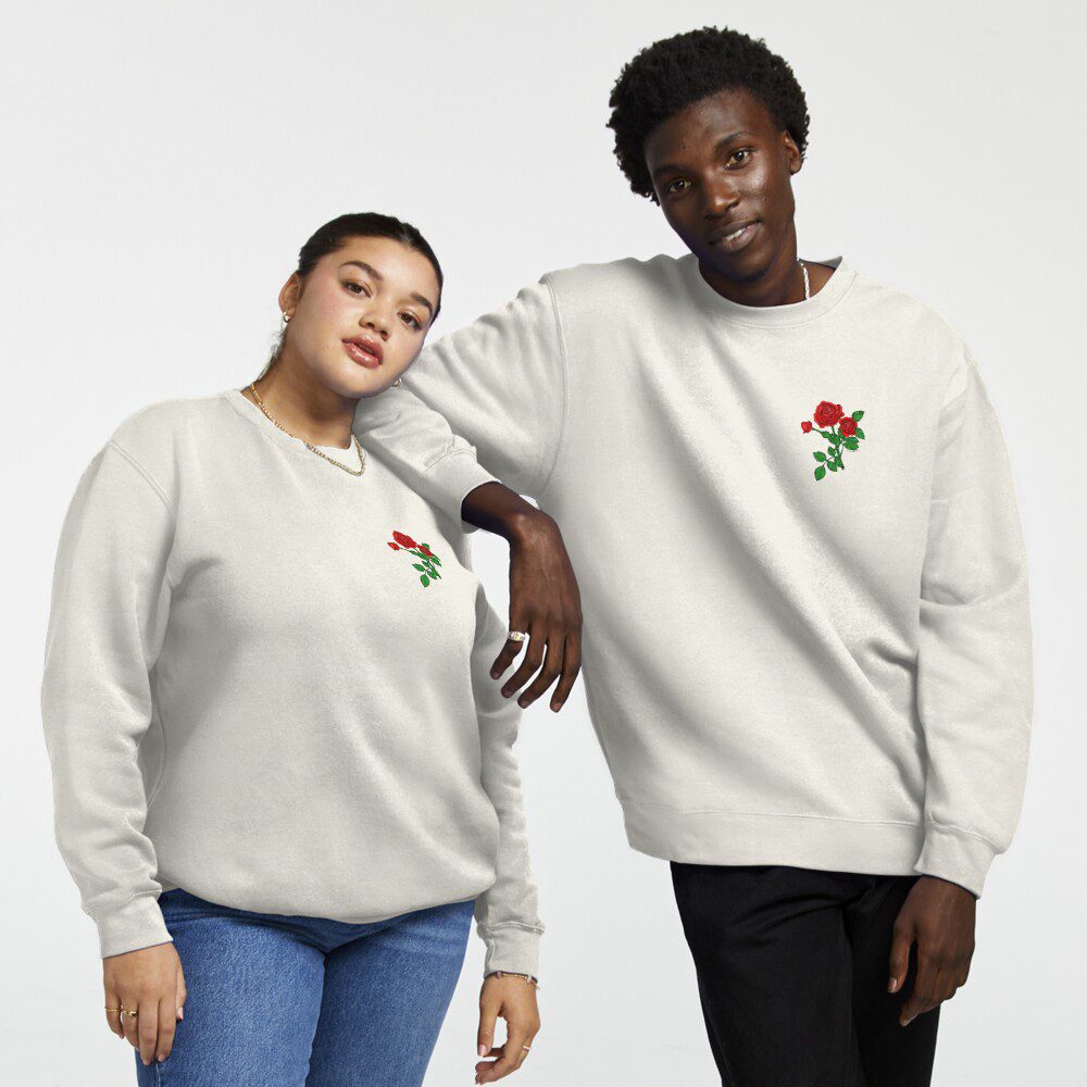 rosette double bright red rose print on pullover sweatshirt