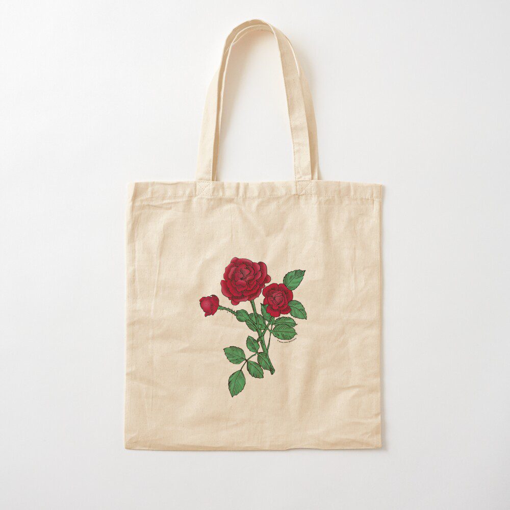 rosette double dark red rose print on cotton tote bag