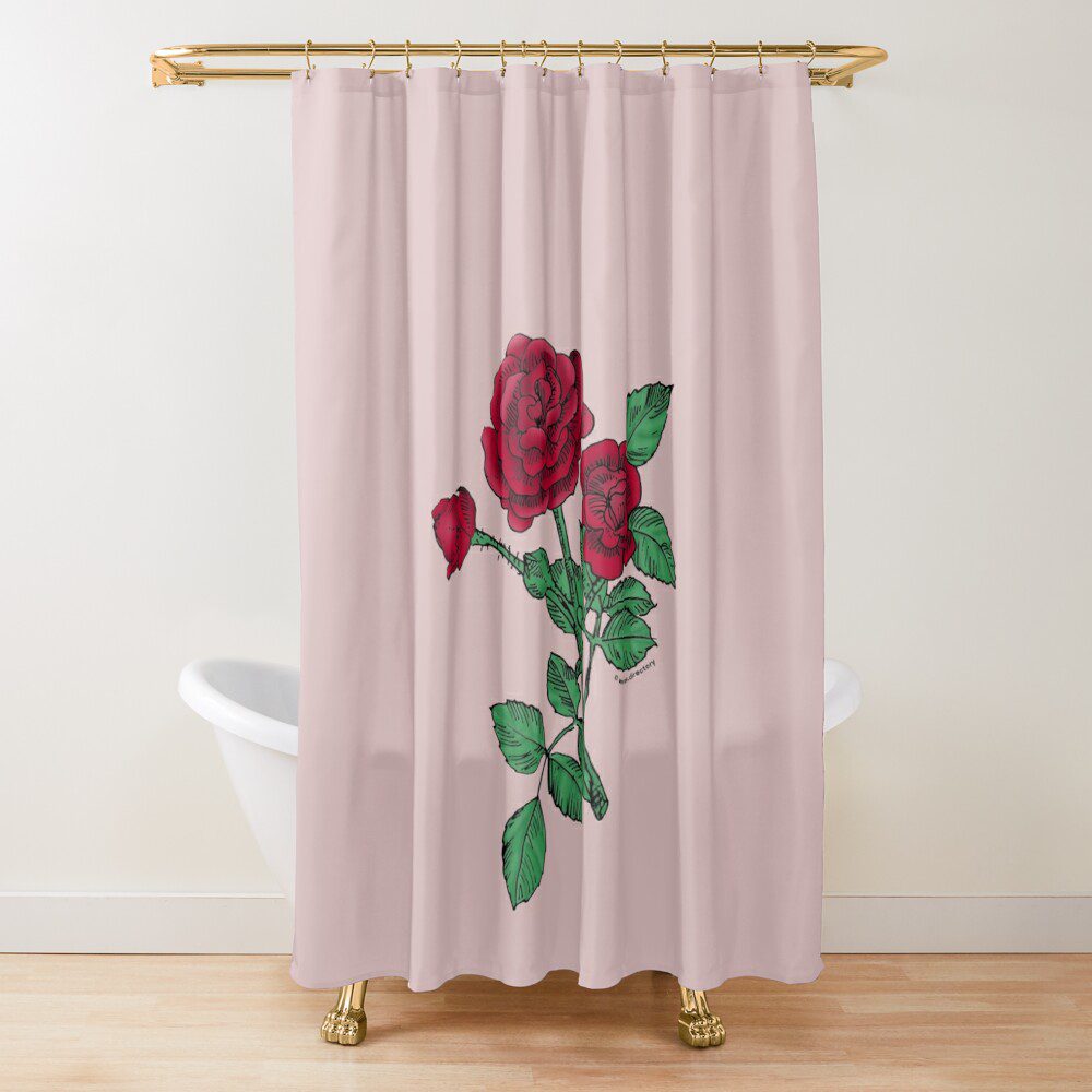rosette double dark red rose print on shower curtain