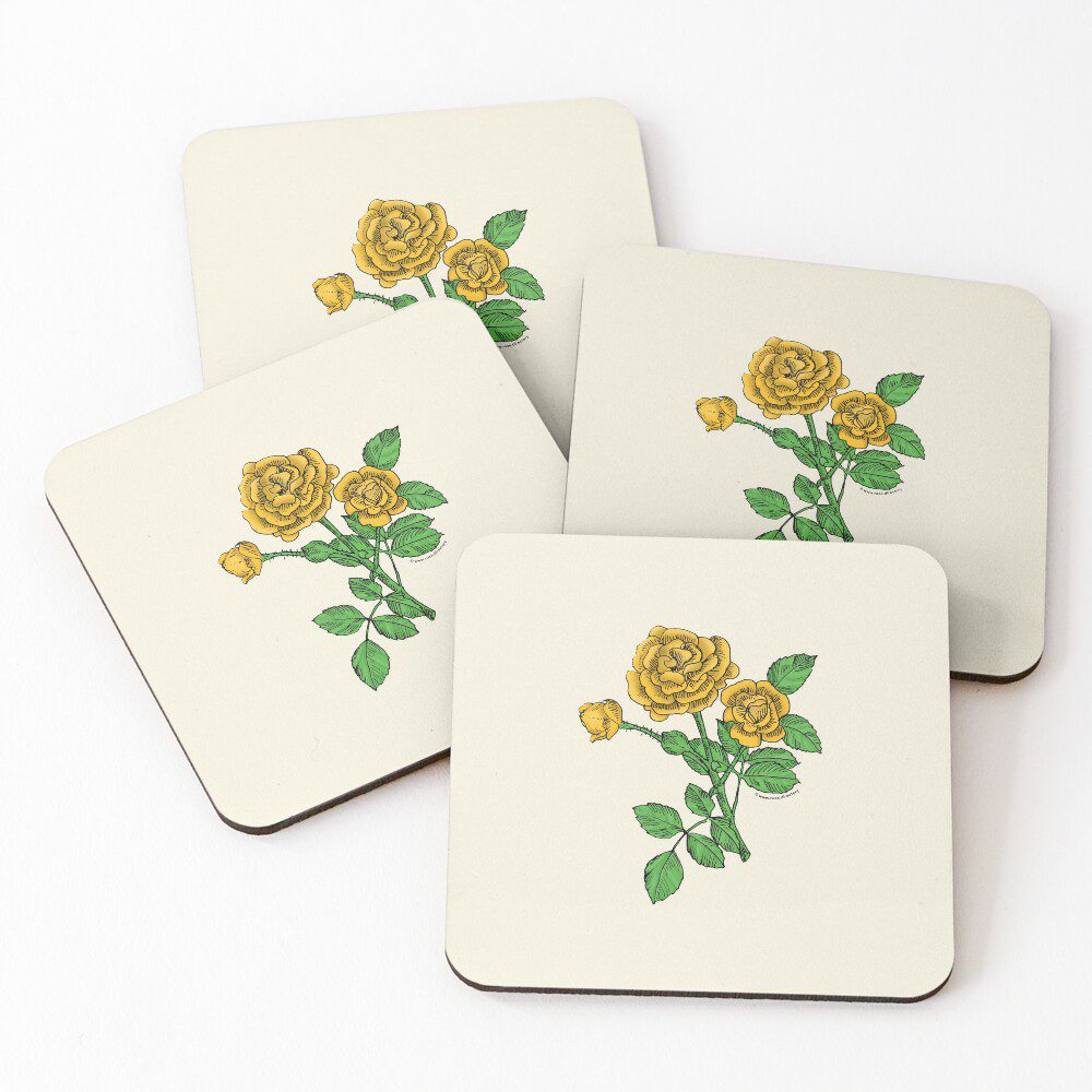 rosette double yellow rose print on coasters