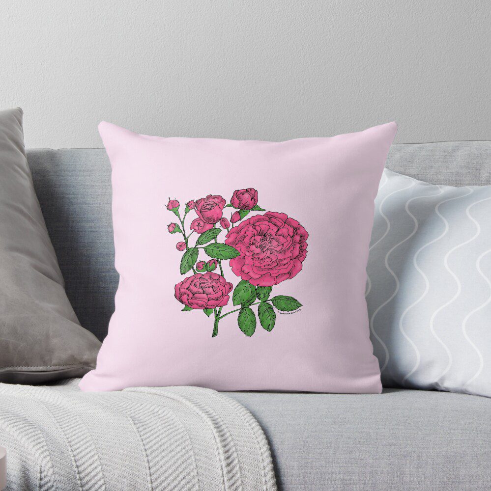 rosette full mid pink rose print on throw pillow