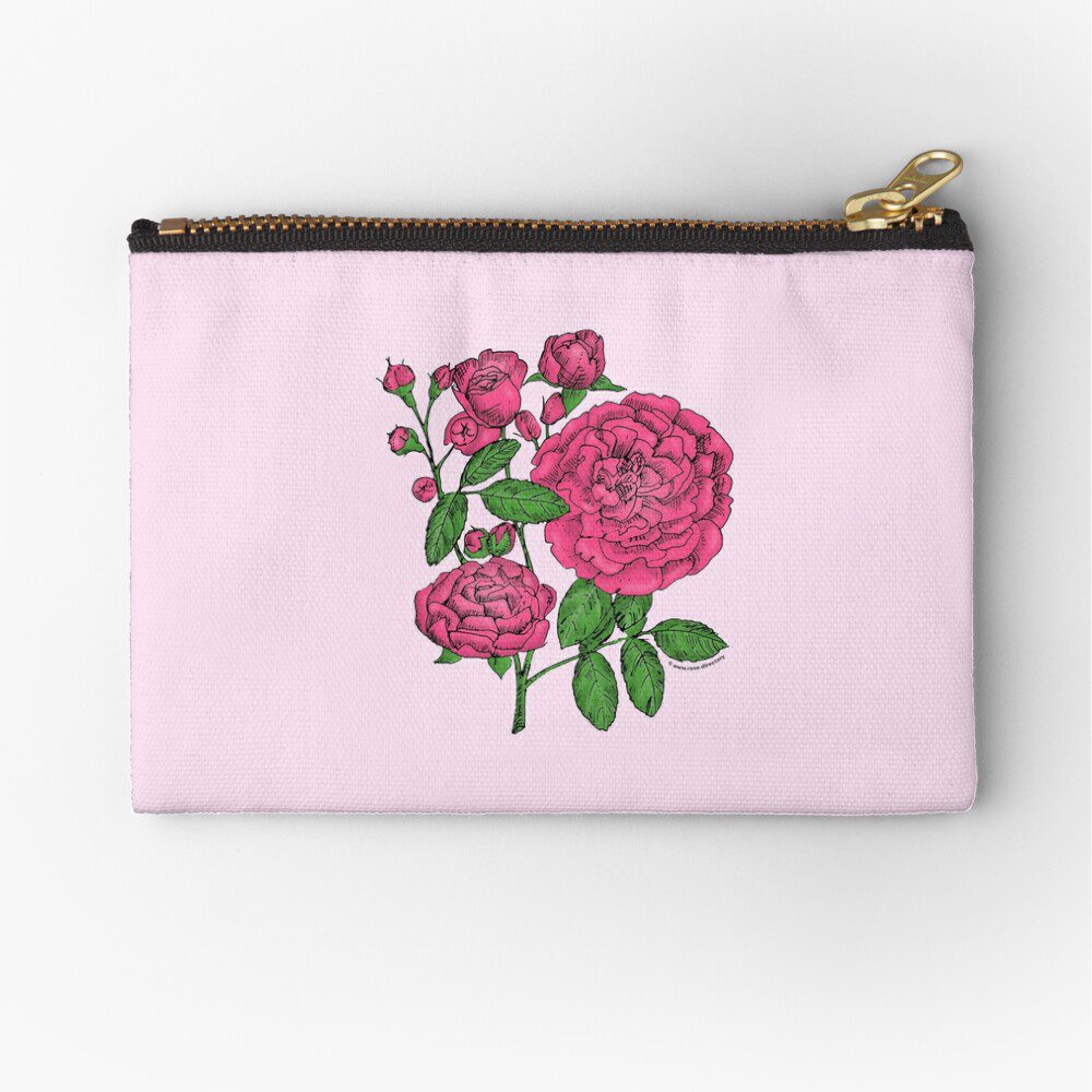 rosette full mid pink rose print on zipper pouch