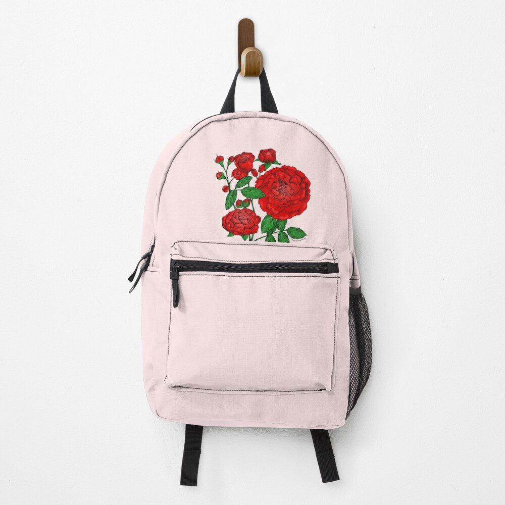 rosette full bright red rose print on backpack