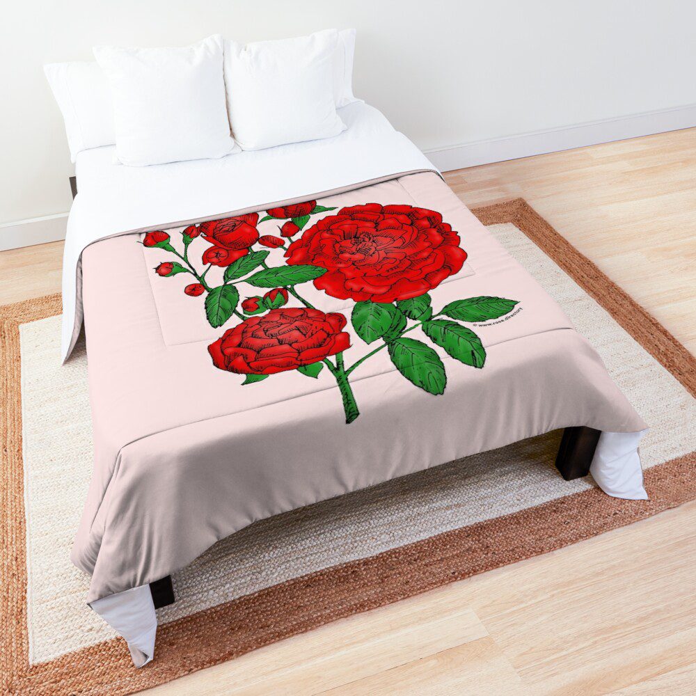 rosette full bright red rose print on comforter