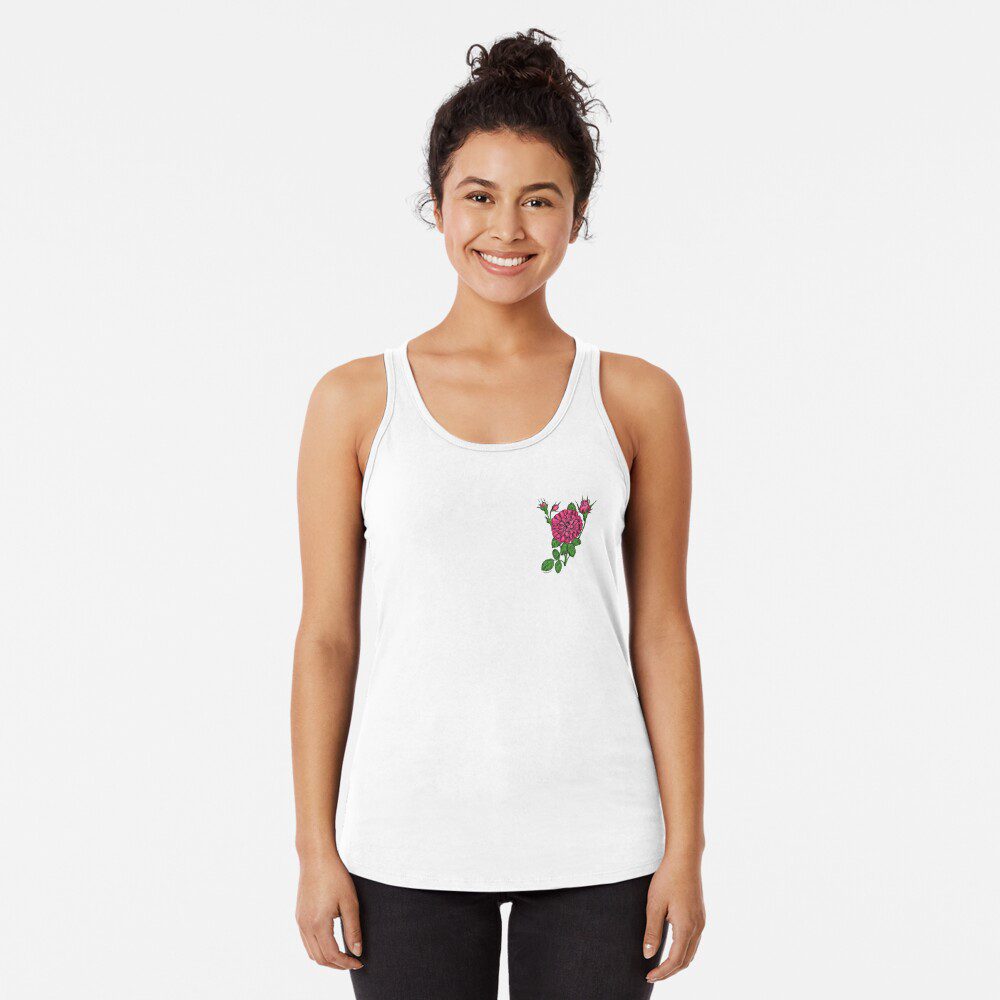 rosette very full mid pink rose print on racerback tank top